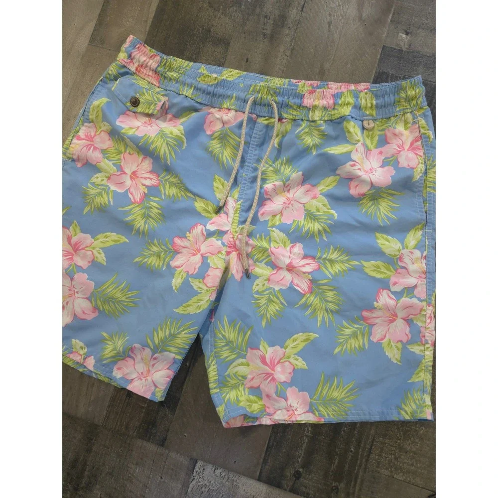 Polo Ralph Lauren Mens XL Blue Pink Hibiscus Floral Tropical Swim Trunks Shorts